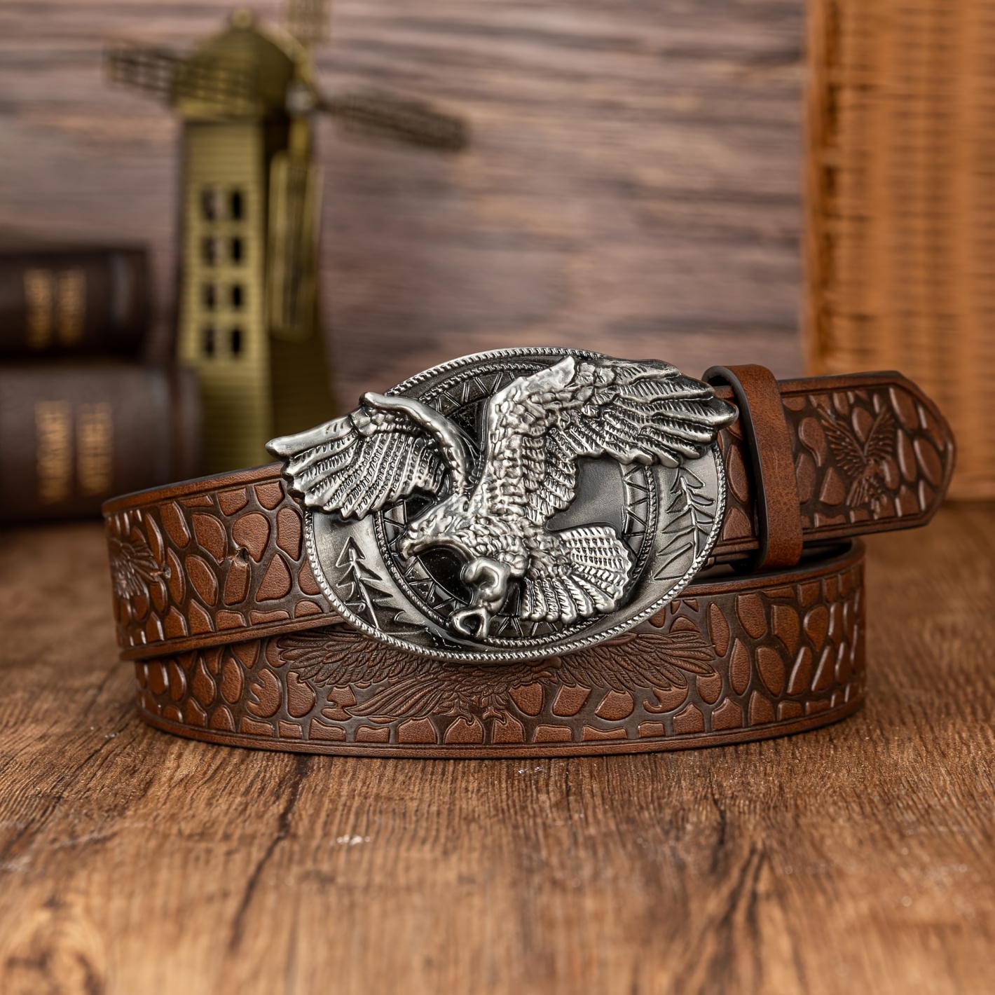 Large Oval Eagle Buckle Belt Embossed PU Leather